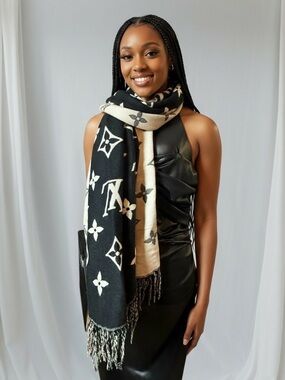 Luxury 2 sided Black & Cream Monogram long wrap Scarf 72 inches  silk cashmere